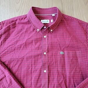 Lacoste Regular Fit Long Sleeve Plaid Shirt Pocket Crocodile FR 44‎ XL Red Check